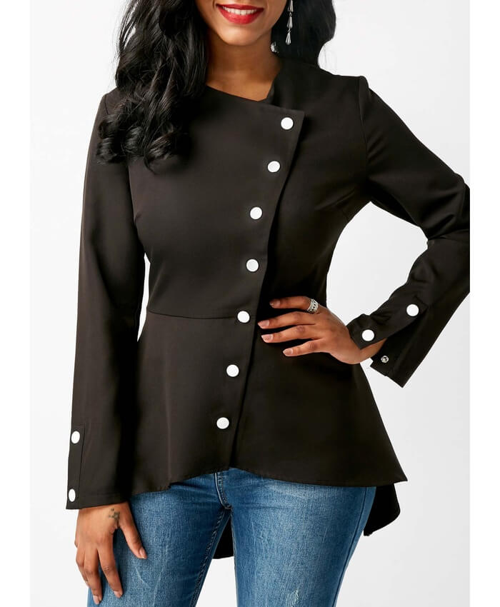 Button Up Asymmetric Hem Black Blouse